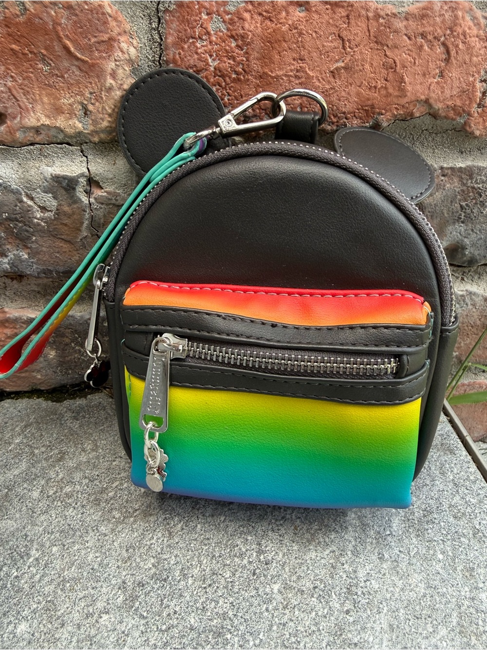 Loungefly Black Wristlet Belt Bag Backpack with Rainbow Mickey Lining